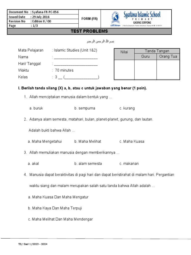 WORKSHEET Islamic Unit 1 Dan 2 | PDF