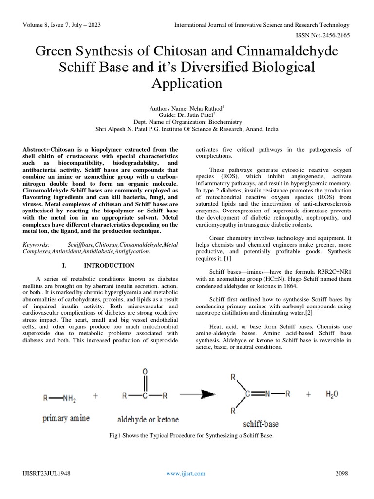 Green Synthesis of Chitosan and Cinnamaldehyde Schiff Base and It's ...
