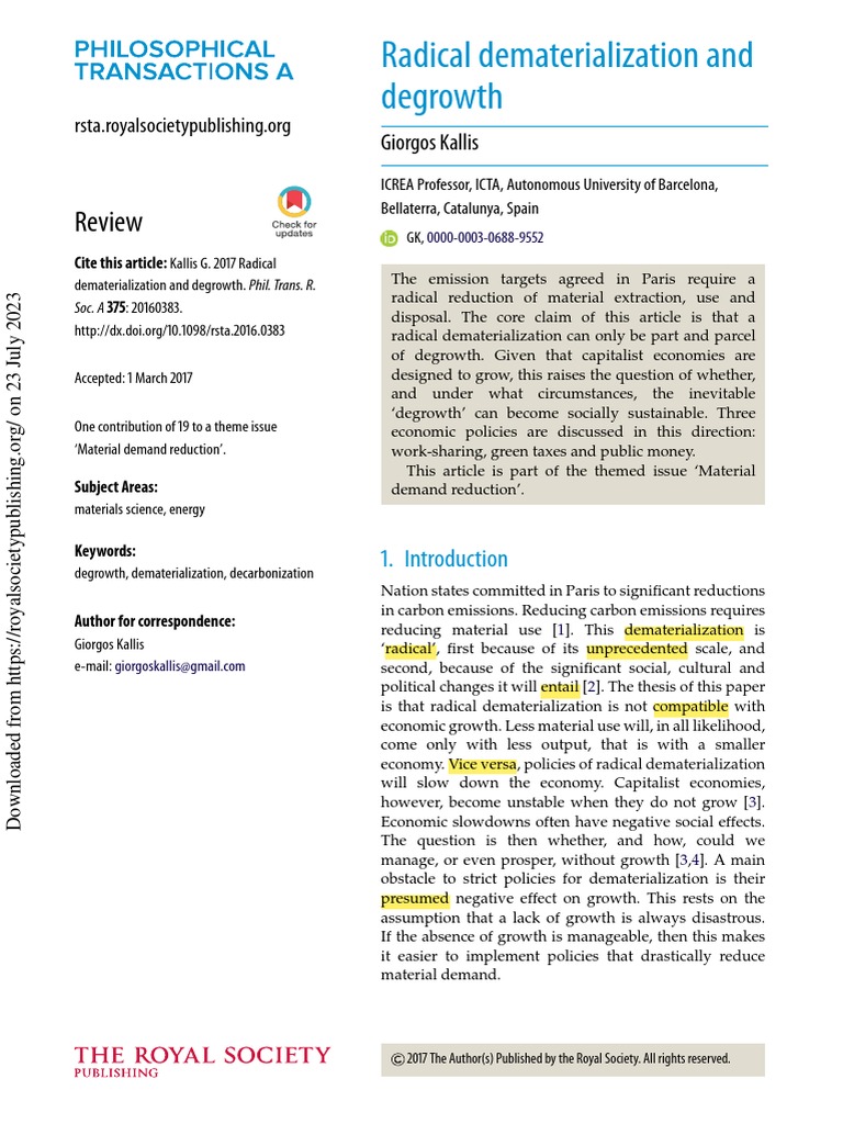 Radical Dematerialization and Degrowth - Giorgos Kallis | PDF