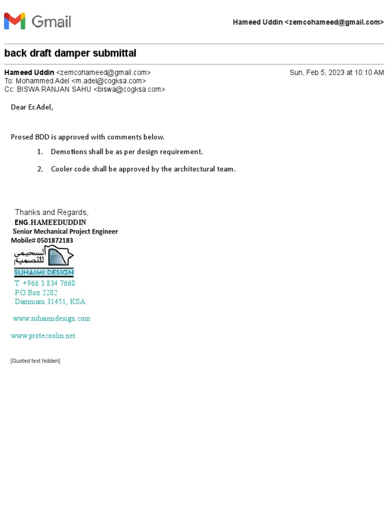 Gmail - Back Draft Damper Submittal | PDF