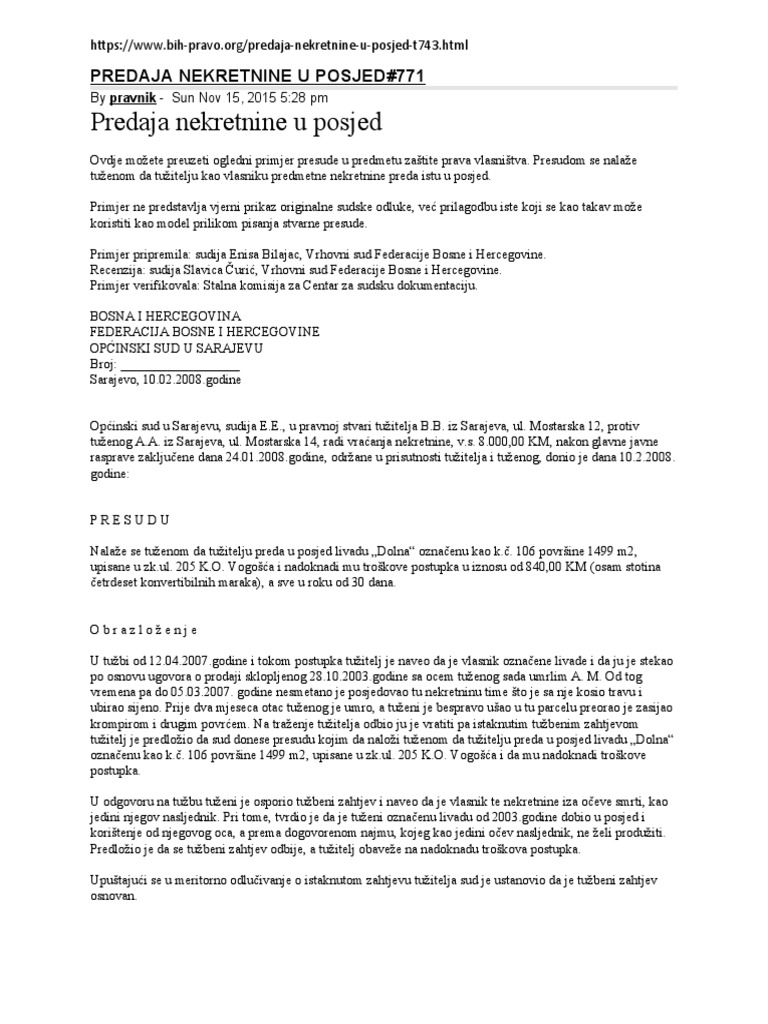 Predaja Nekretnine U Posjed | PDF