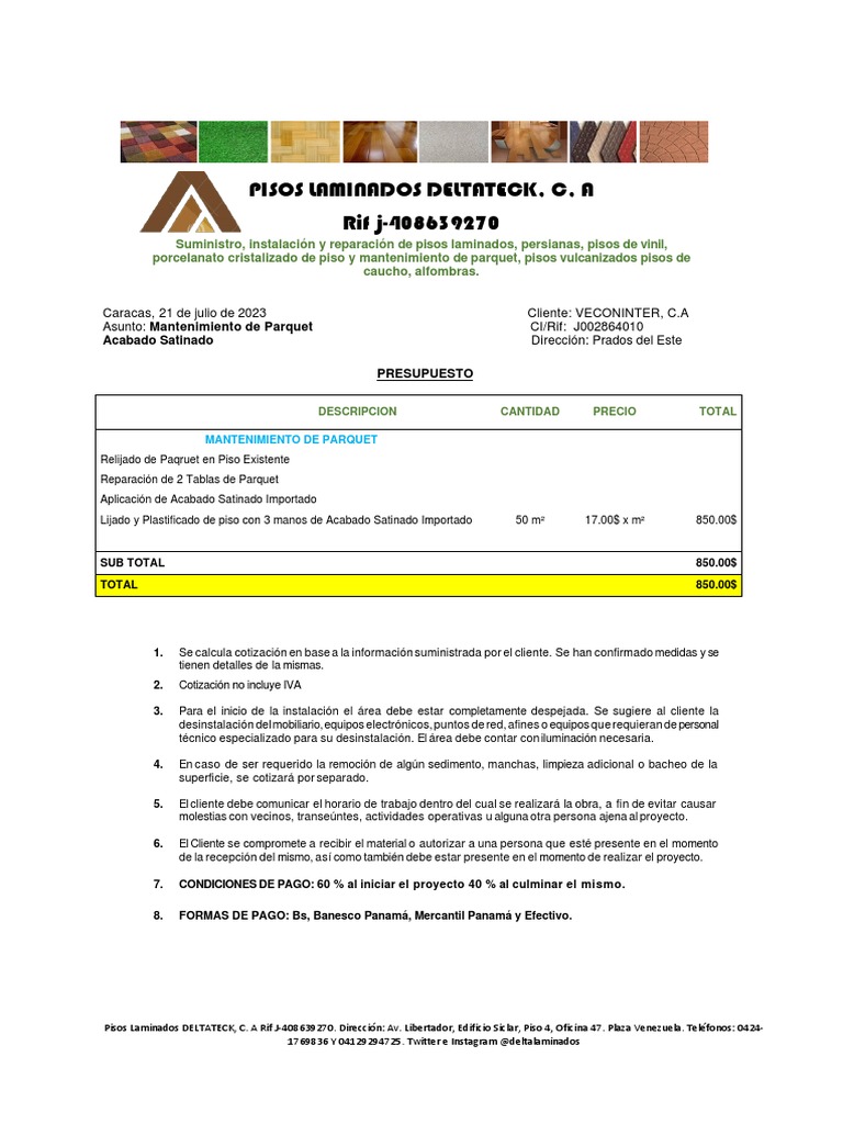 Mantenimiento de Parquet Veconinter CA | PDF