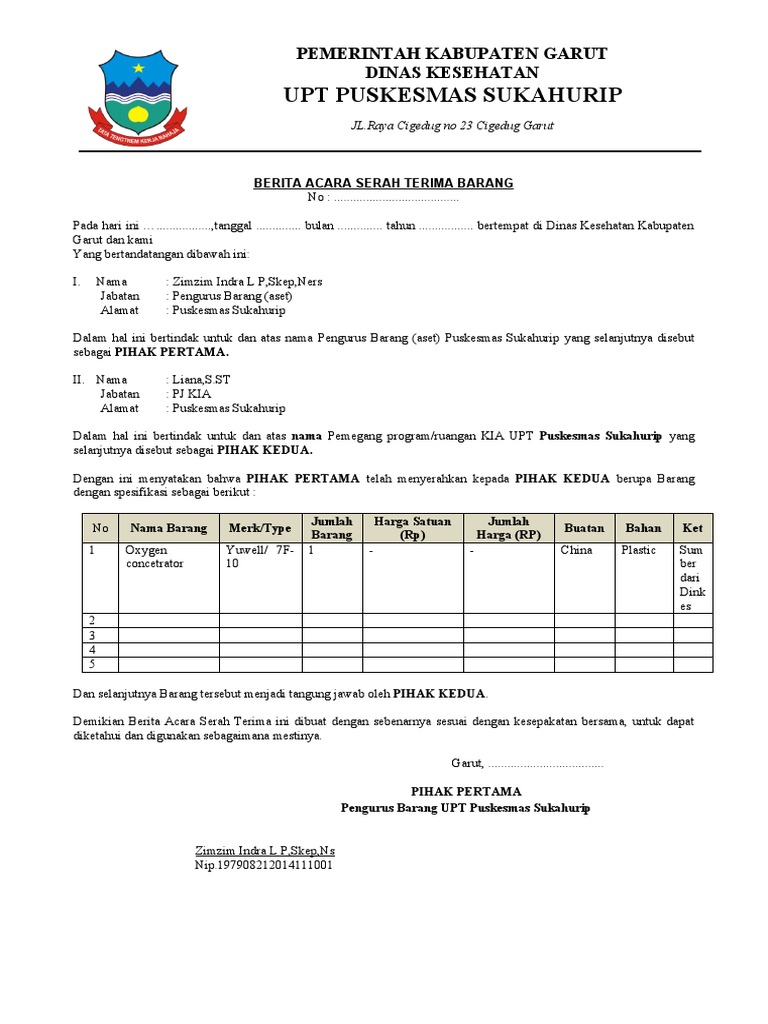 Berita Acara Serah Terima Barang Puskesmas | PDF