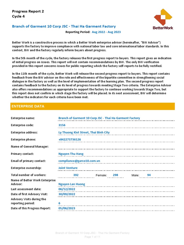 Progress Report Branch of Garment 10 Corp JSC Thai Ha Garment