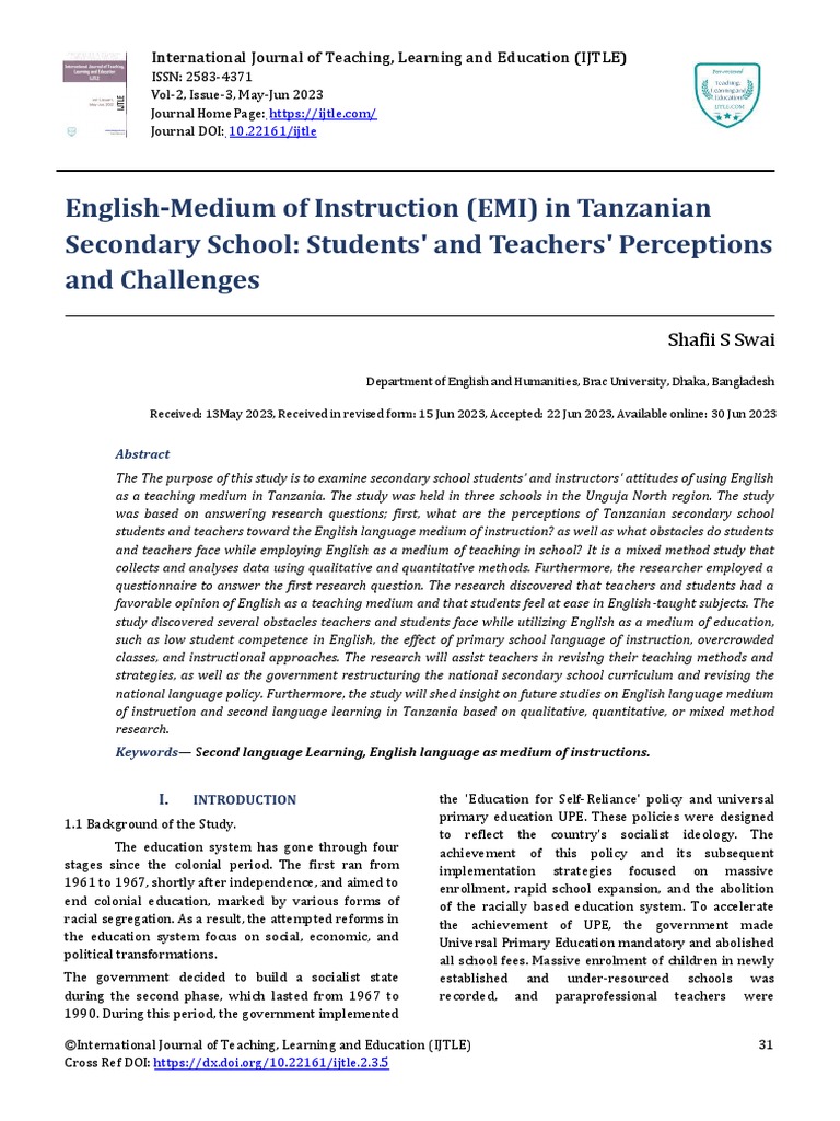 EMI in Tanzanian Secondary Schools | PDF | Teachers | Schools