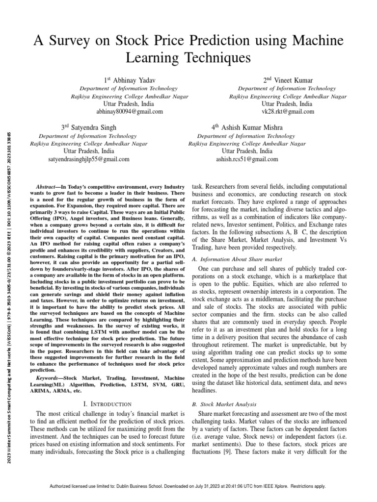 A Survey On Stock Price Prediction Using Machine Learning Techniques | PDF
