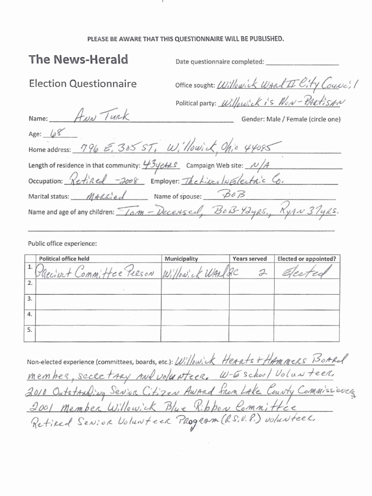 Election Candidate Questionnaire Form | PDF