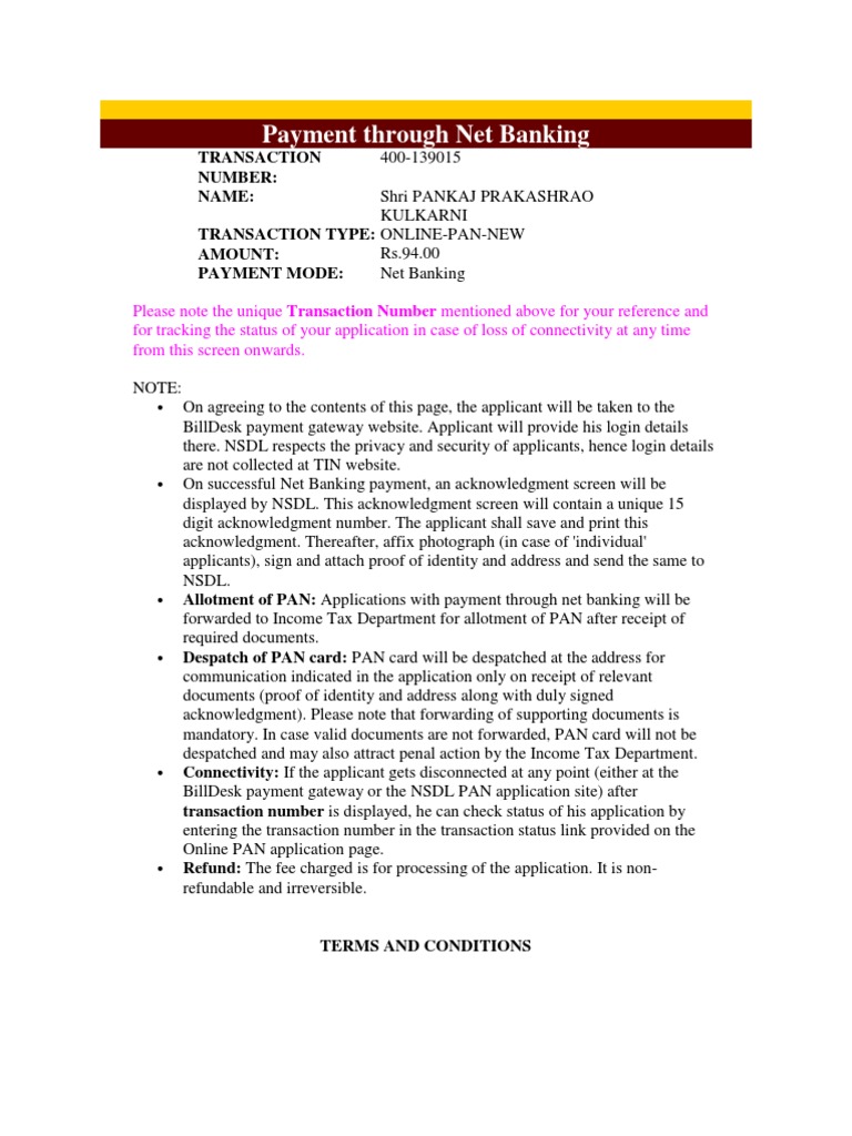 Net Banking Payment for PAN Application | PDF