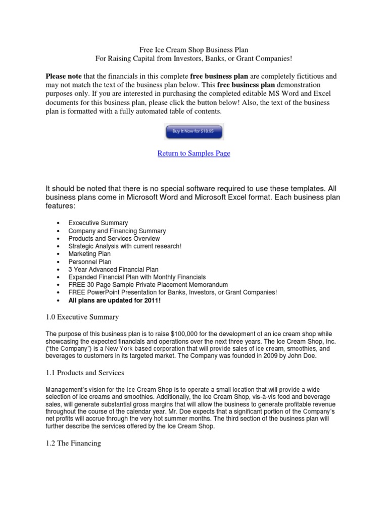 Free Ice Cream Shop Business Plan Pdf Business Plan Retail