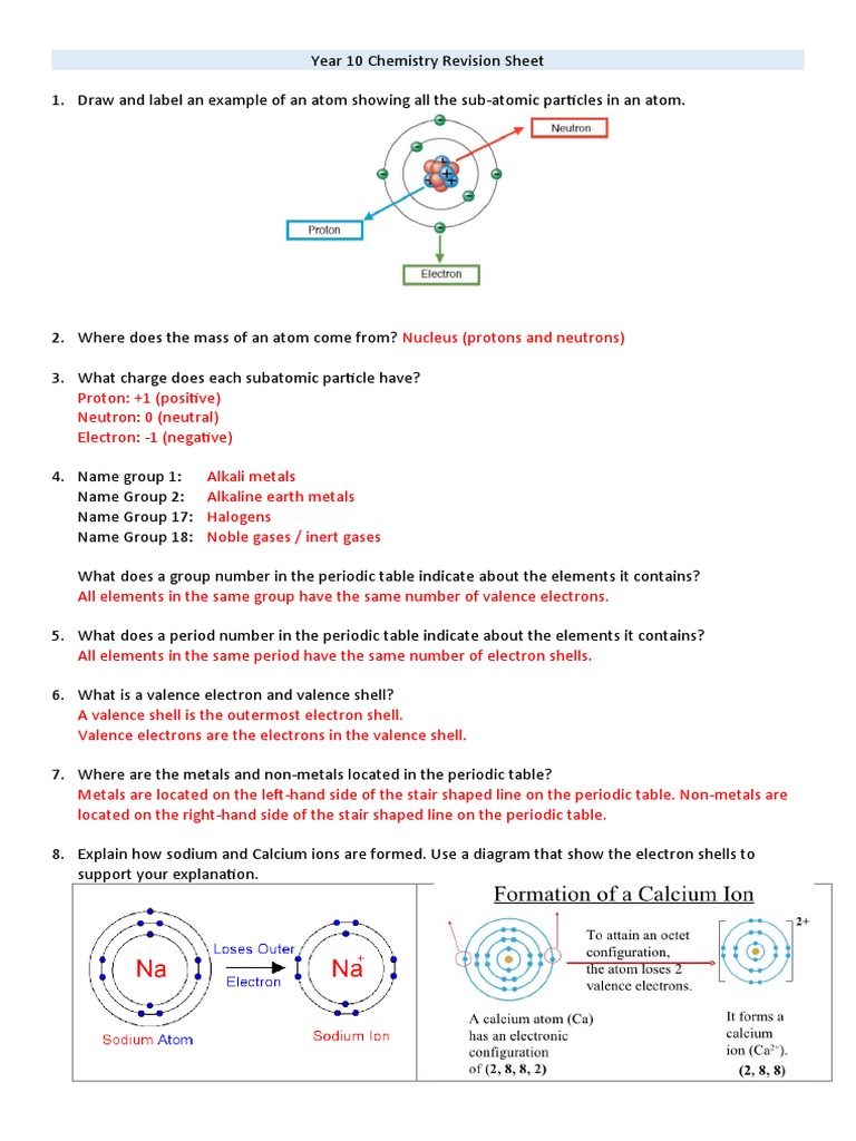 Year 10 Chemistry Revision Sheet ANSWERS PDF