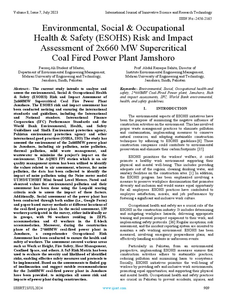 ESOHS Impact Assessment of Jamshoro Plant | PDF | Waste | Occupational ...