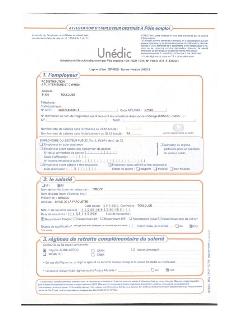 Attestation Cnav Unedic Pour Pôle Emploi