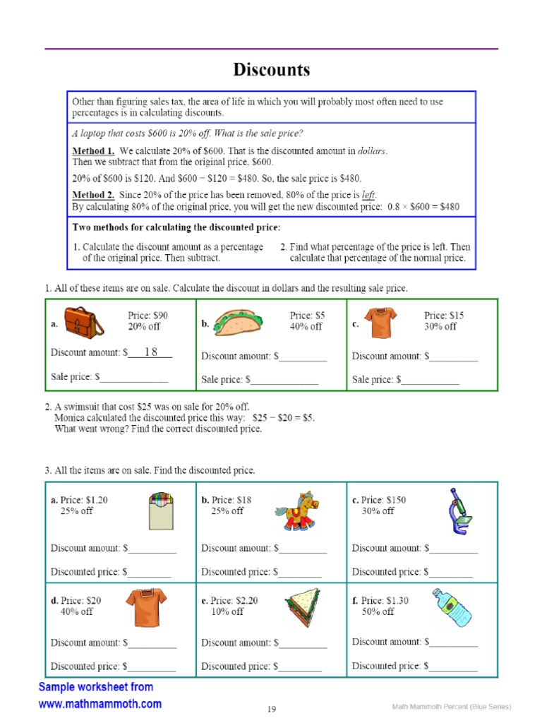 Percent Discount Worksheet | PDF