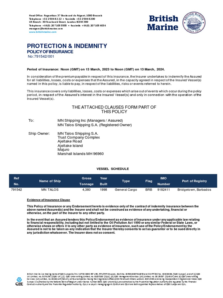 MN Shipping - MN TALOS - COE - 130323 | PDF | Insurance | Liability ...