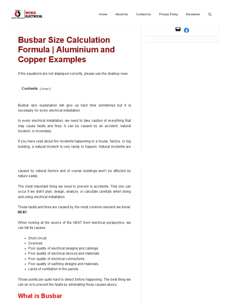 Busbar Size Calculation Formula Aluminium and Copper Examples Wira