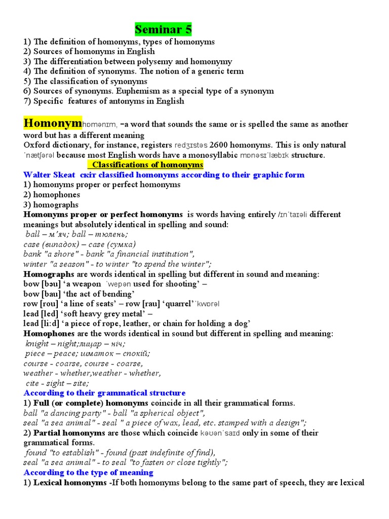 Understanding Homonyms and Antonyms | PDF
