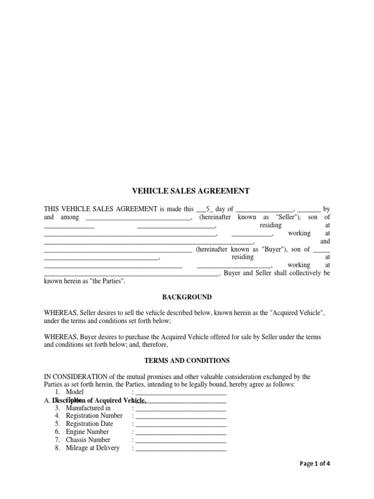 Vehicle Sales Agreement Template | PDF | Conveyancing | Sales