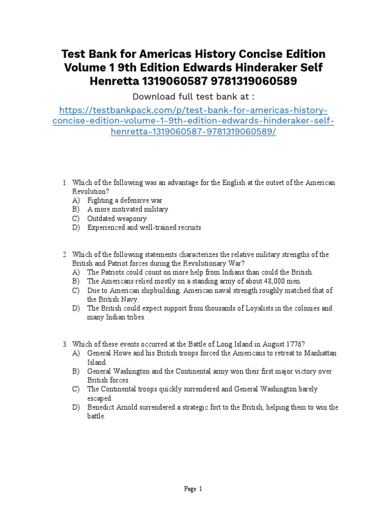 Americas history concise edition volume 1 9th edition edwards test bank