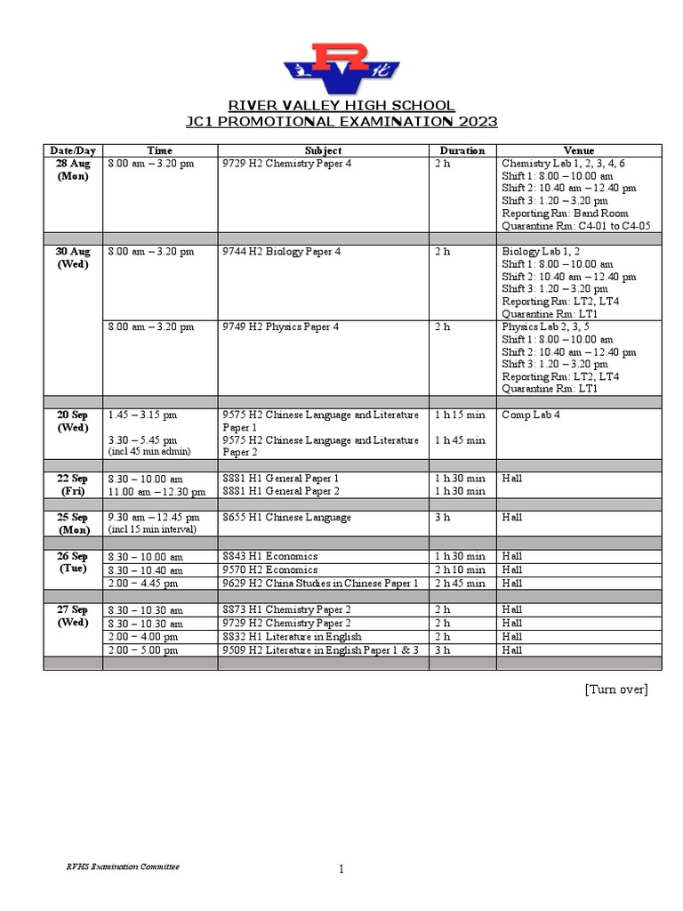 JC1 Promotional Exam Schedule 2023 | PDF