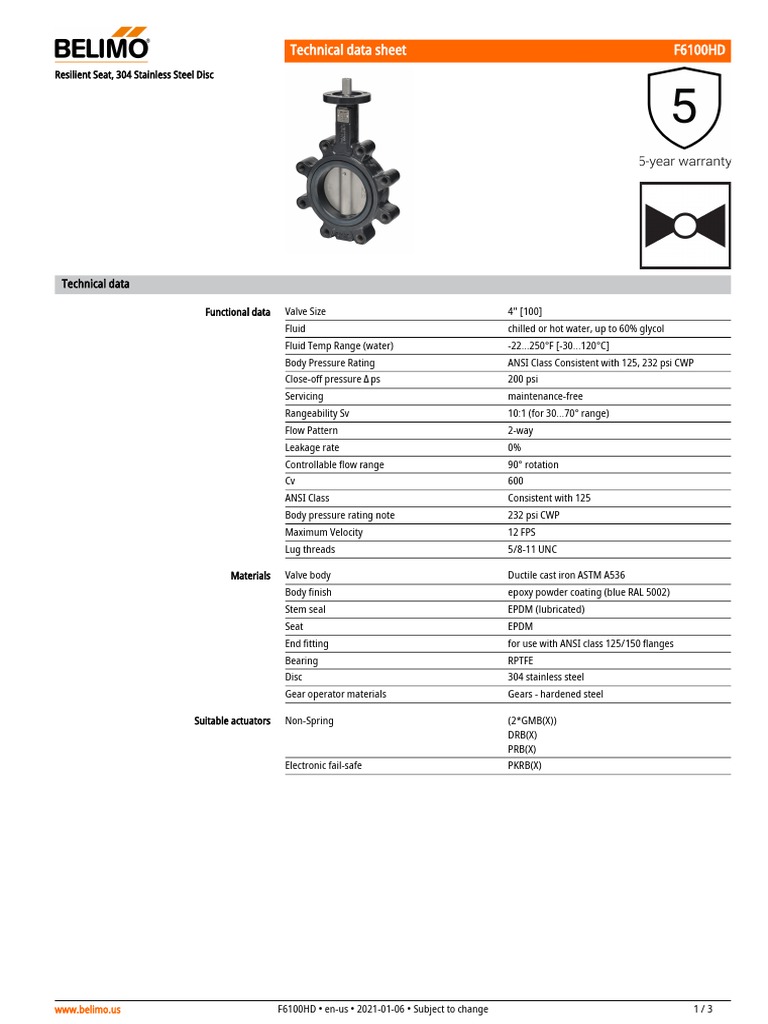 Belimo F6100HD Valve Data Sheet | PDF | Alternating Current | Valve