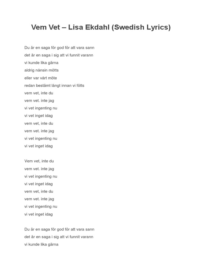 Vem Vet Lisa Ekdahl Swedish and English Lyrics PDF