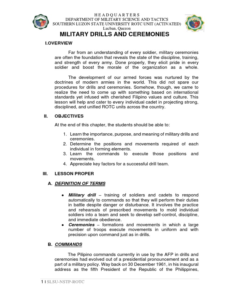 Drills and Ceremonies 1ST Sem 2022 2023 PDF Hand Platoon