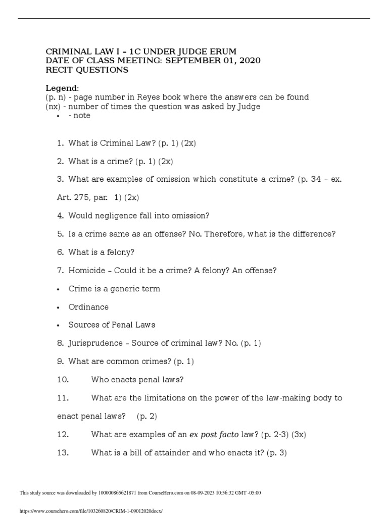 Criminal Law Recit Questions by Judge Erum | PDF