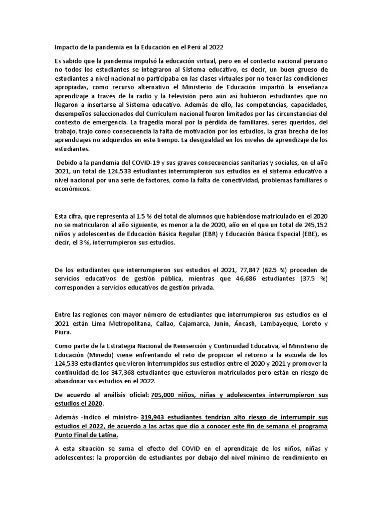 Impacto de La Pandemia en La Educación en El Perú Al 2022 | PDF | Perú ...