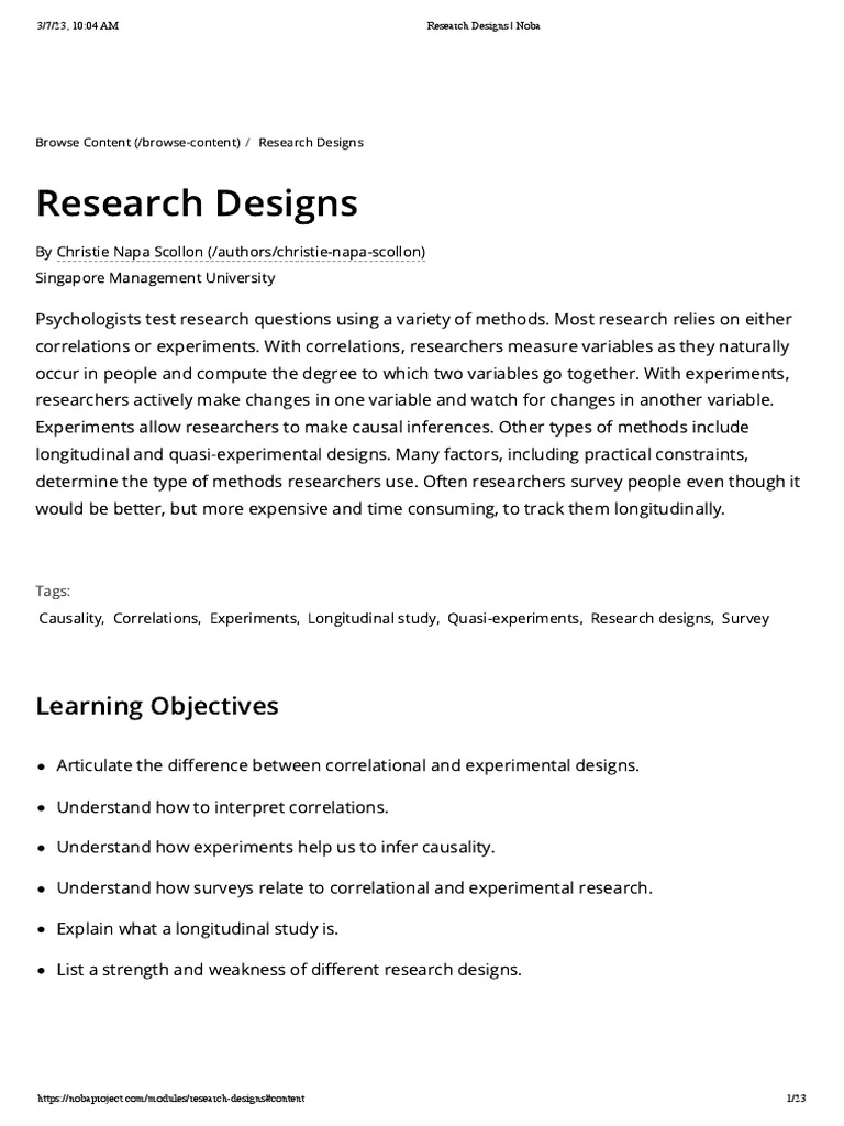 Scolon (2019) - Research Designs - Noba | PDF | Experiment | Psychology