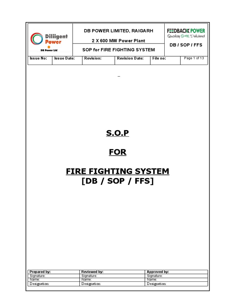 41 SOP For Fire Fighting System PDF Pump Fires