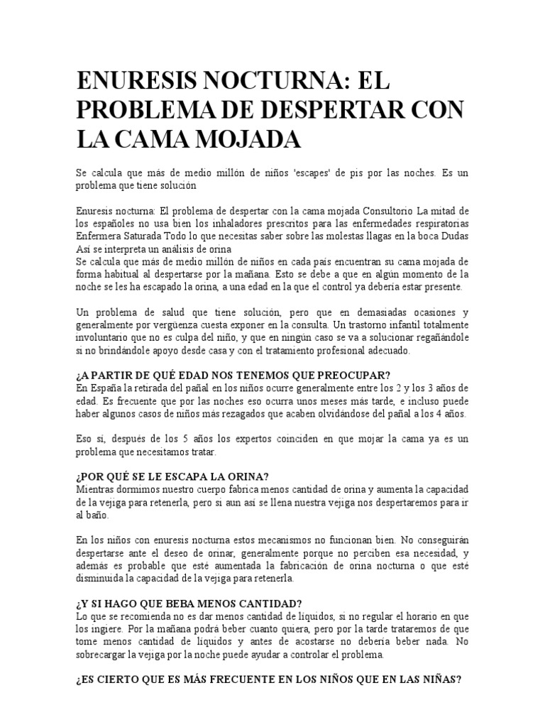 Enuresis Nocturna PDF Orina nocturna al dormir Especialidades Medicas