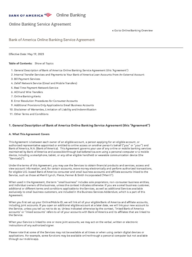 Bank of America - Online Banking - Service Agreement | PDF | Transaction  Account | Cheque