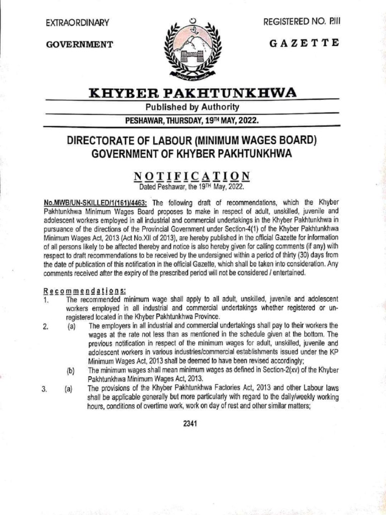 Kpk minimum rates of wages notification 2022 pdf