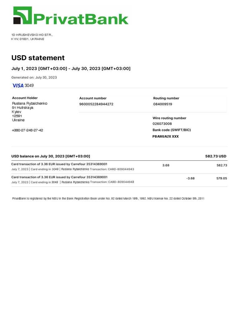 Privatbank Statement | PDF