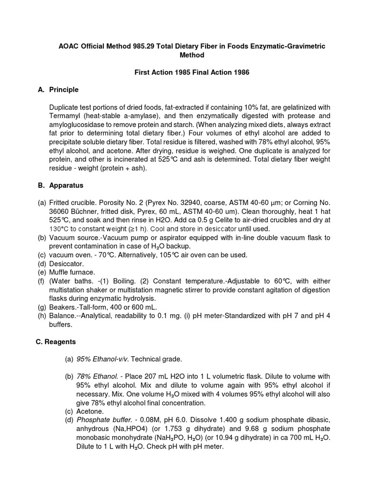 AOAC Official Method 985.29 Total Dietary Fiber in Foods Enzymatic ...