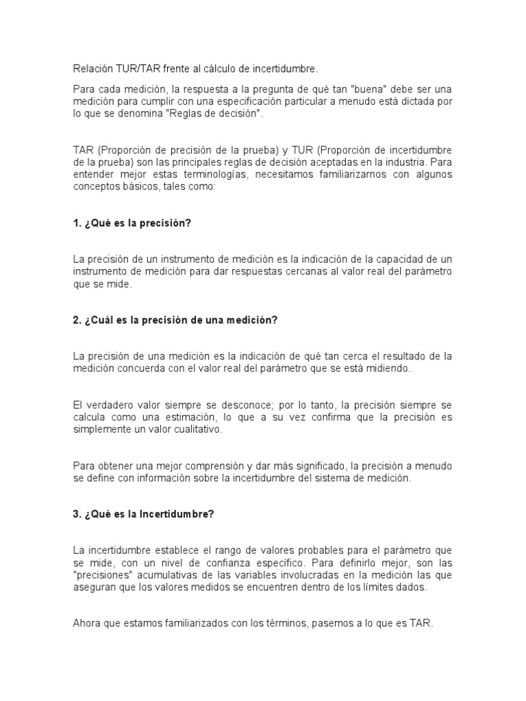 Relación entre TAR y TUR en mediciones | PDF | Medición | Calibración