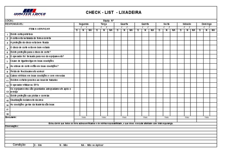 Checklist de Segurança para Lixadeira | PDF