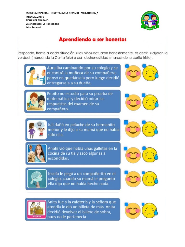 Escuela Revivir: Honestidad en Fichas | PDF