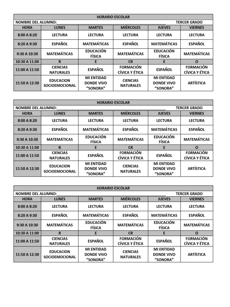 Horario Escolar Tercer Grado PDF