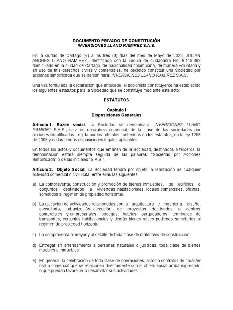 Modelo de Estatutos S.A.S. Accionista Unico | PDF | Sociedad de ...
