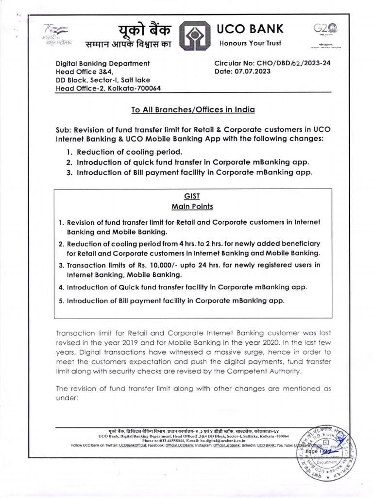 Revision of Fund Transfer Limit in Banking and Mobile Banking