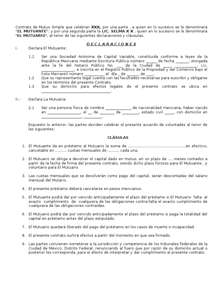 Modelo Contrato Mutuo | PDF | Pagos | México