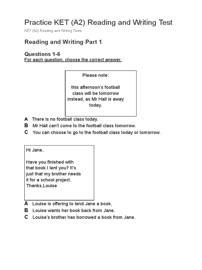 Practice ket a2 reading and writing test 1 pdf