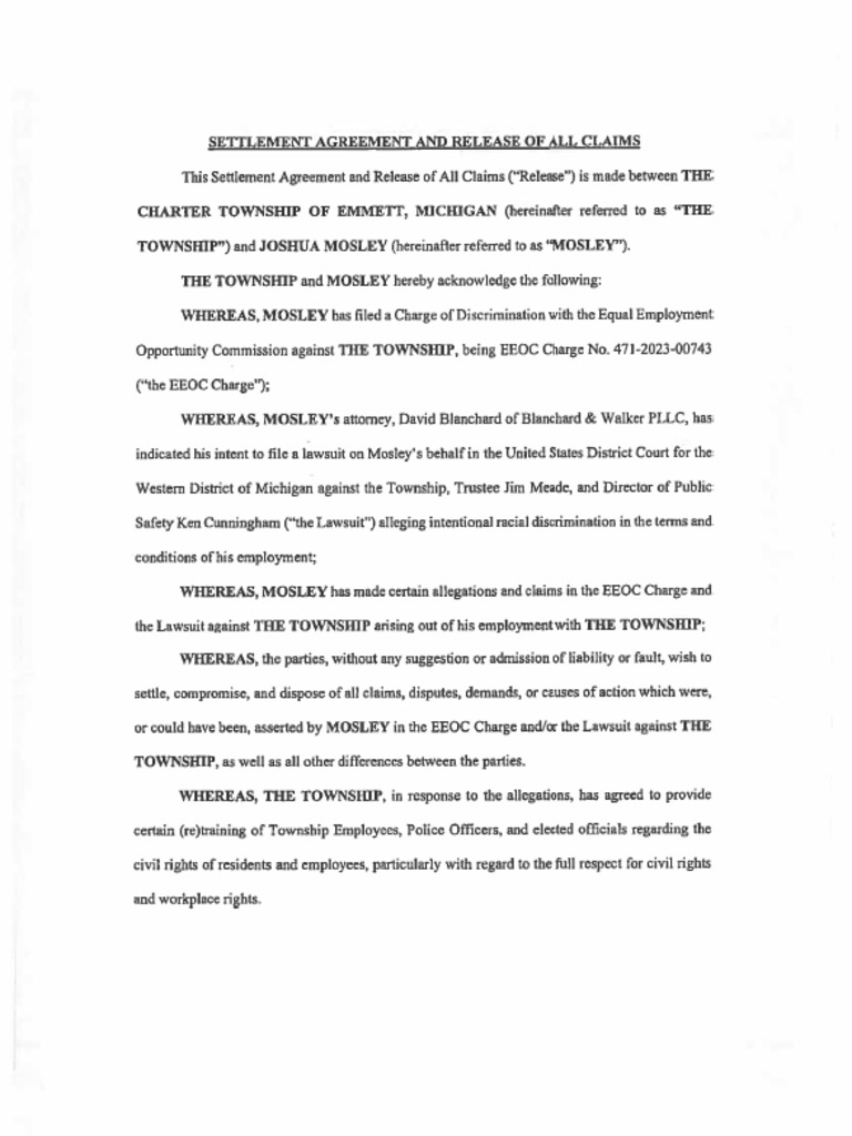 Emmet Charter Township Settlement Agreement and Release of All Claims PDF