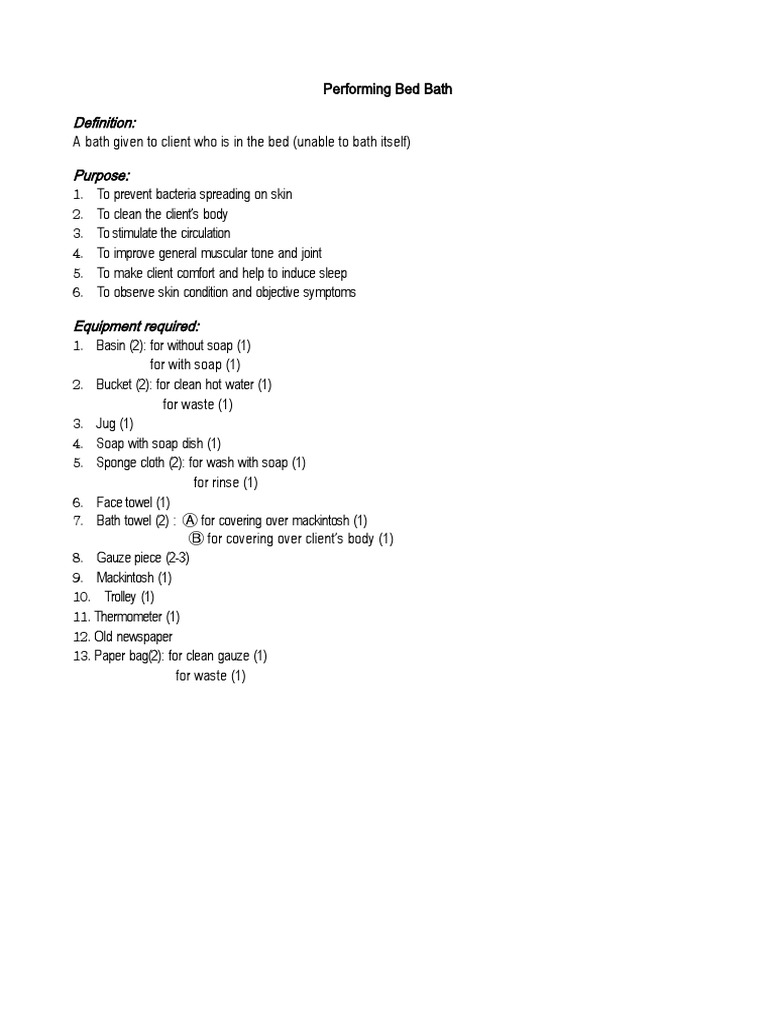 Performing Bed Bath | PDF | Clinical Medicine | Medical Specialties