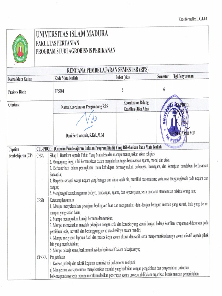 RPS Praktik Bisnis | PDF