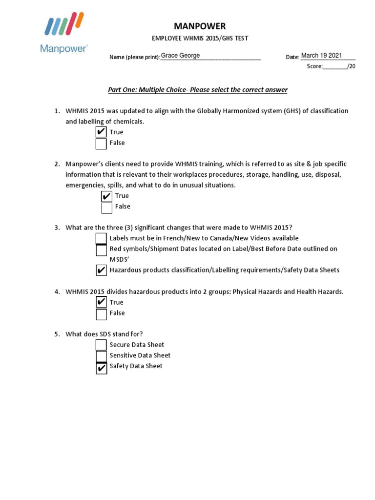 WHMIS 2015/GHS Employee Test | PDF | Business | Finance & Money Management