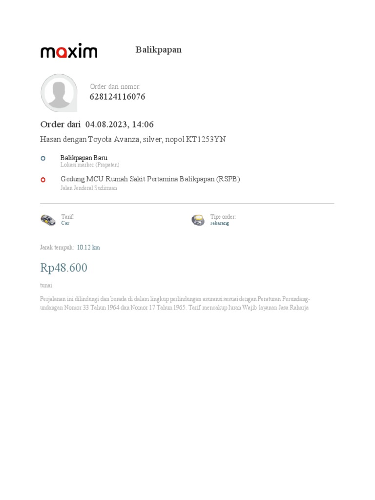 ? Bukti Perjalanan Dengan Maxim Indonesia | PDF