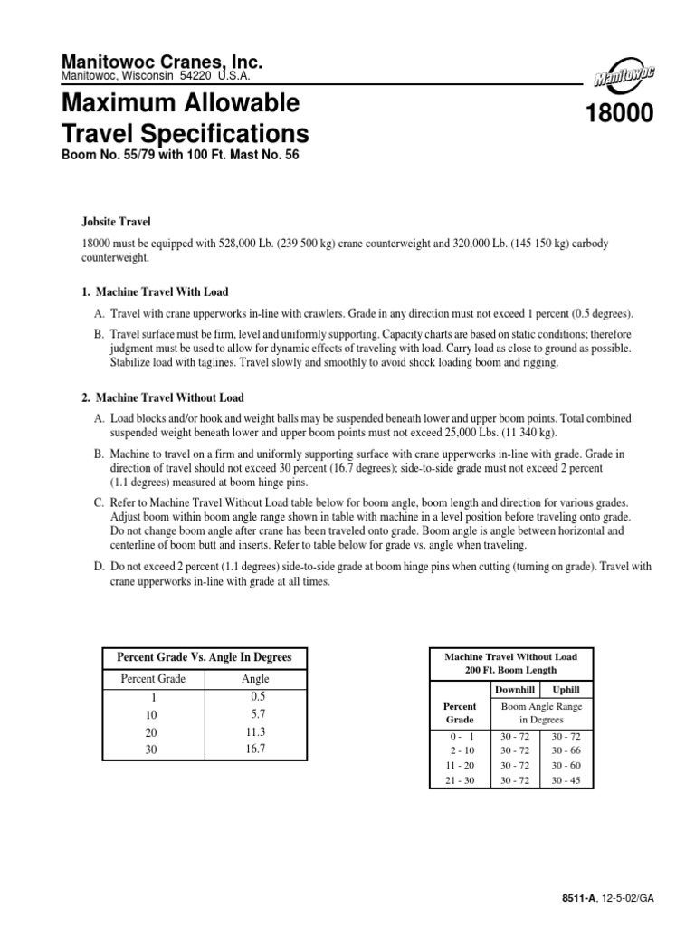 Maximum Allowable Travel Specifications: Manitowoc Cranes, Inc | PDF ...