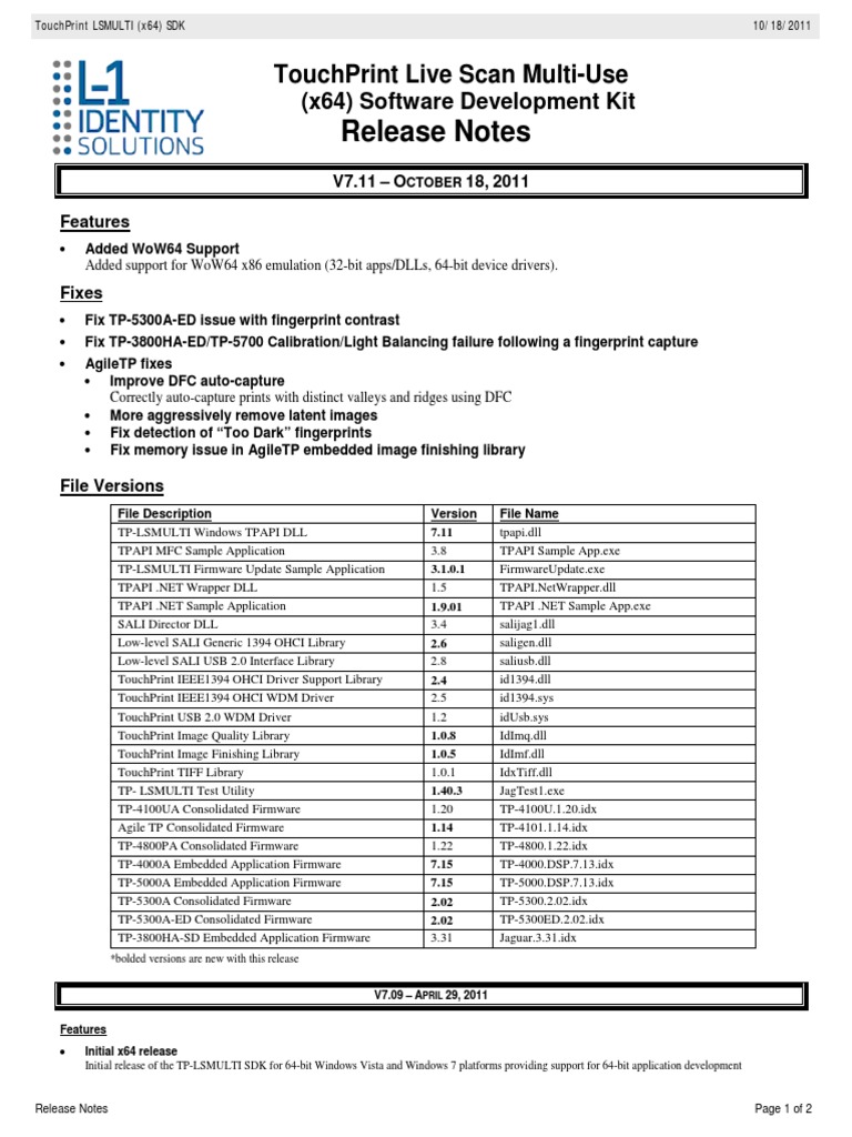 TouchPrint LSMULTI SDK V7.11 Release Notes | PDF | Ibm Pc Compatibles ...